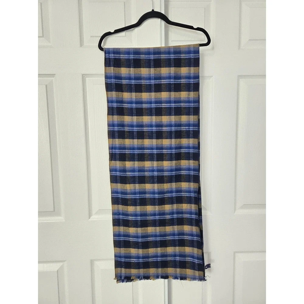 Gap Plaid Scarf Navy Blue Mustard Yellow 100% Cotton Frayed Rectangular Wrap